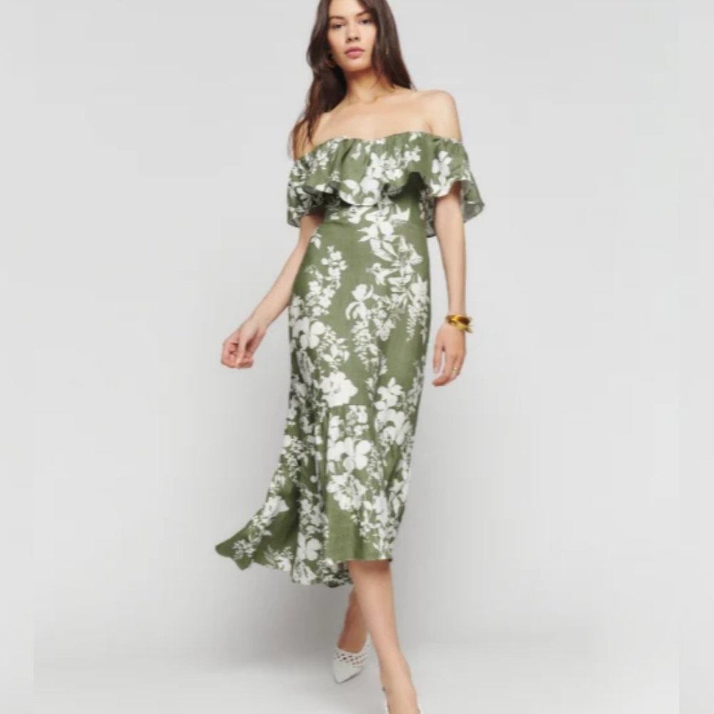 NWOT Reformation Baela Linen Dress in Willow Green White Floral Midi